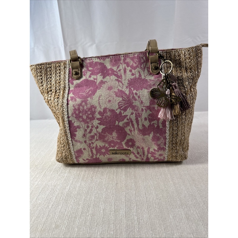 NWT Sakroots Meadow Pink Floral Tote' Straw & Canvas Shoulder Bag